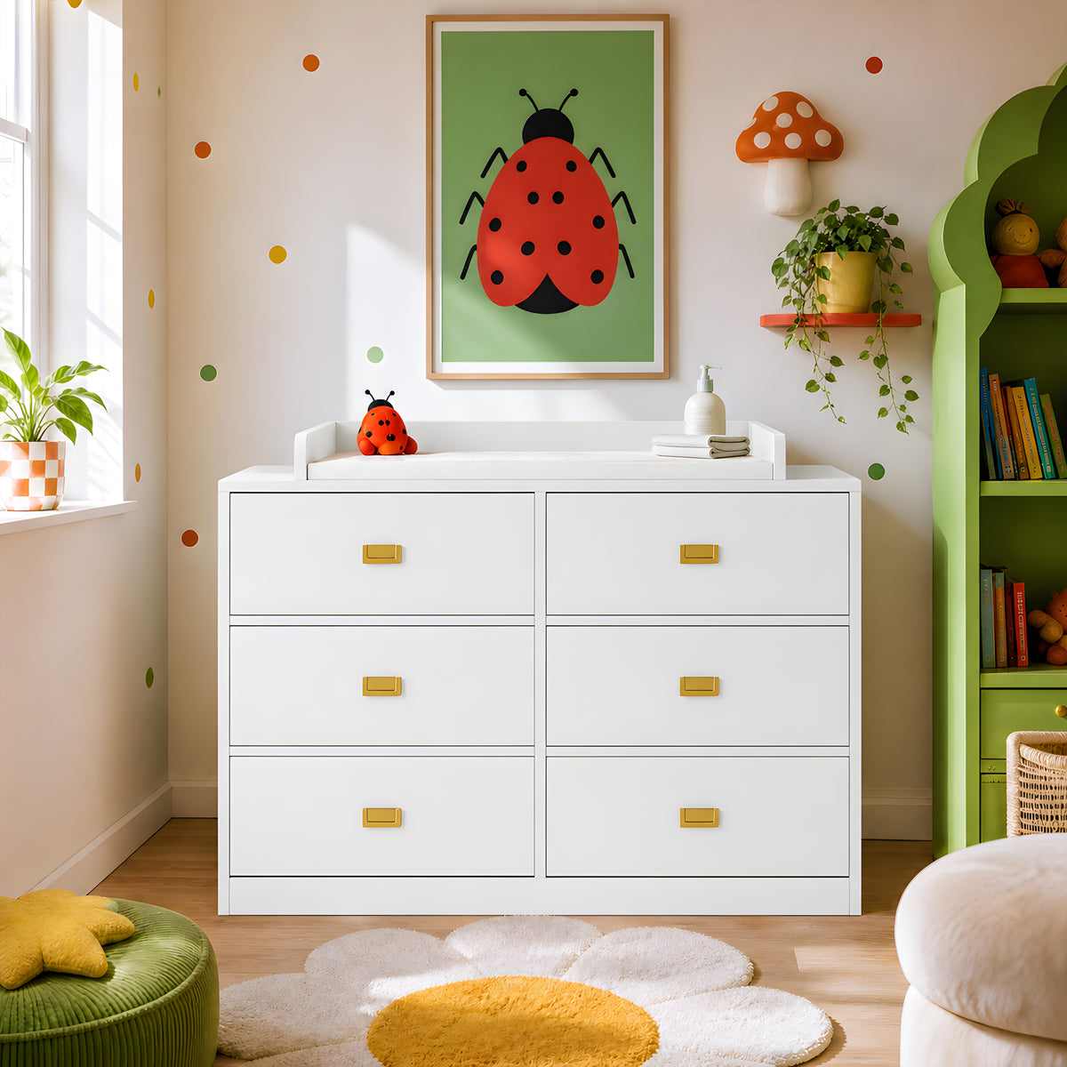 White and gray 6-drawer changing table dresser with removable changing topper