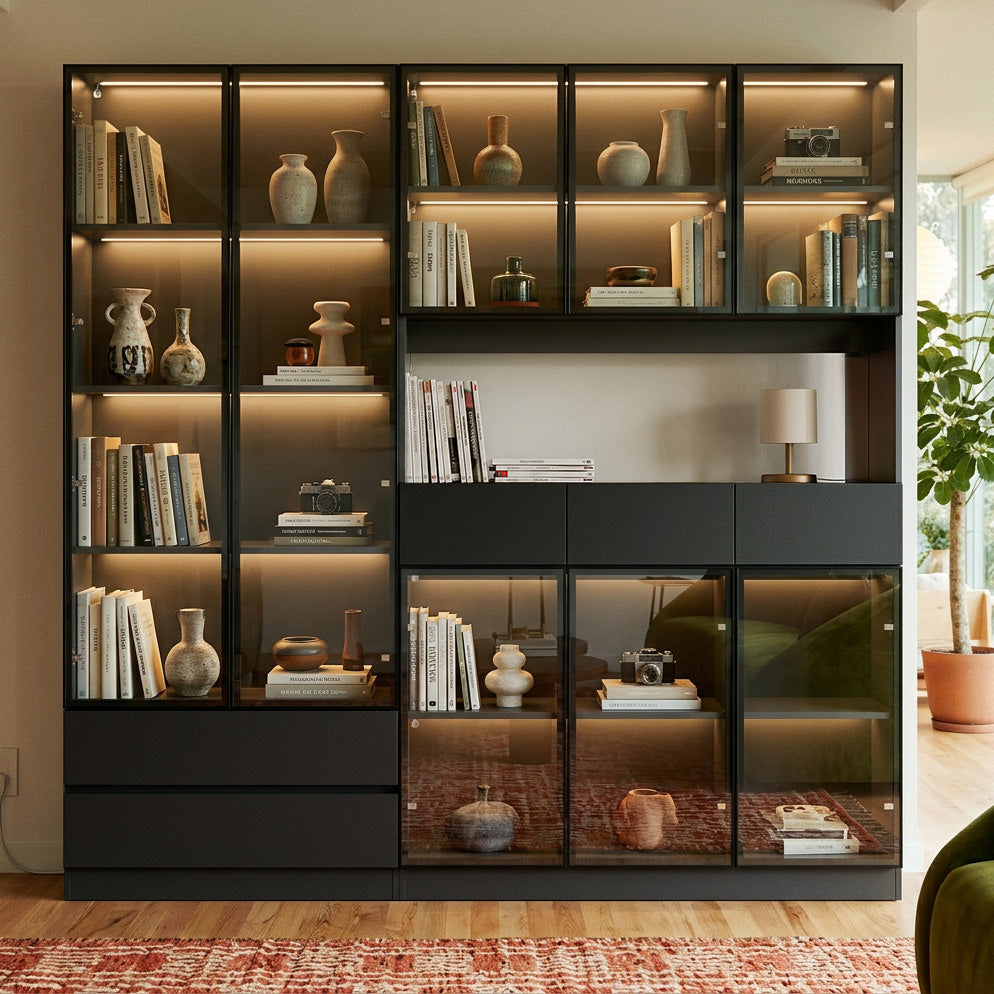 White Varda bookcase with glass doors and 3-color LED lights styled with books and decor