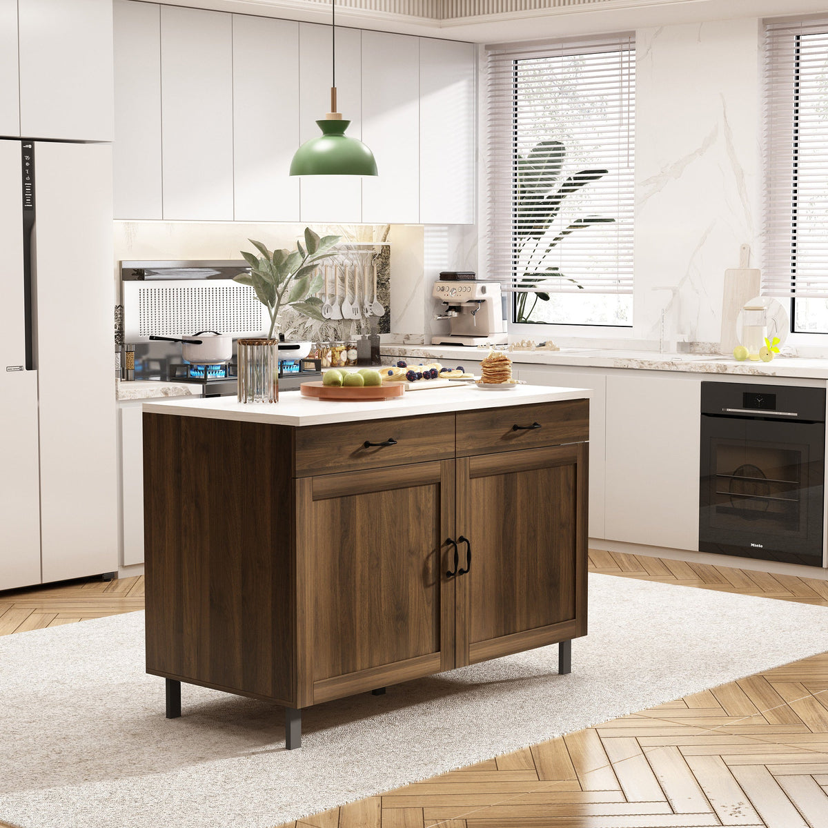 Compact 47.2-inch brown wood kitchen island with marble veneer countertop for a small kitchen