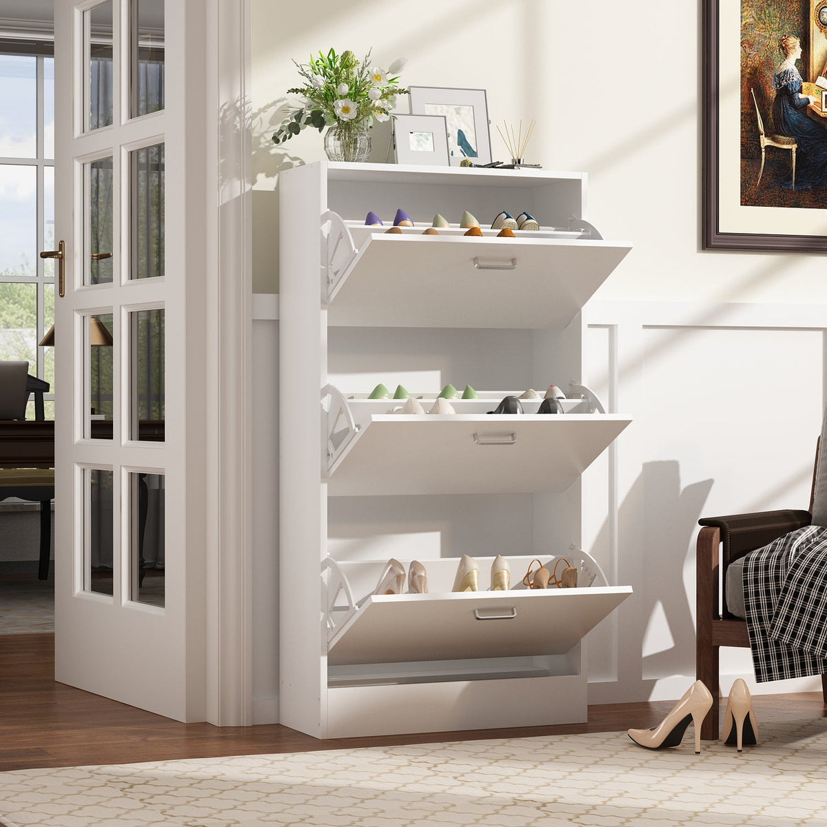 22.4-inch modern slim shoe cabinet with three flip-down drawers, 9.3 inches deep