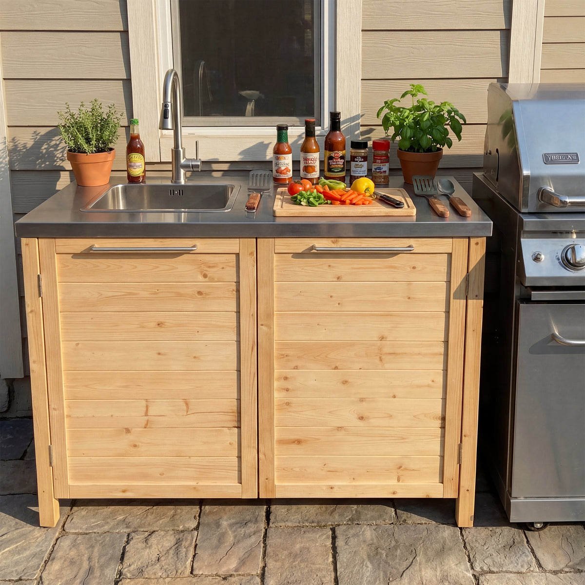 Natural solid cedar outdoor sink cabinet with a stainless steel countertop and integrated sink