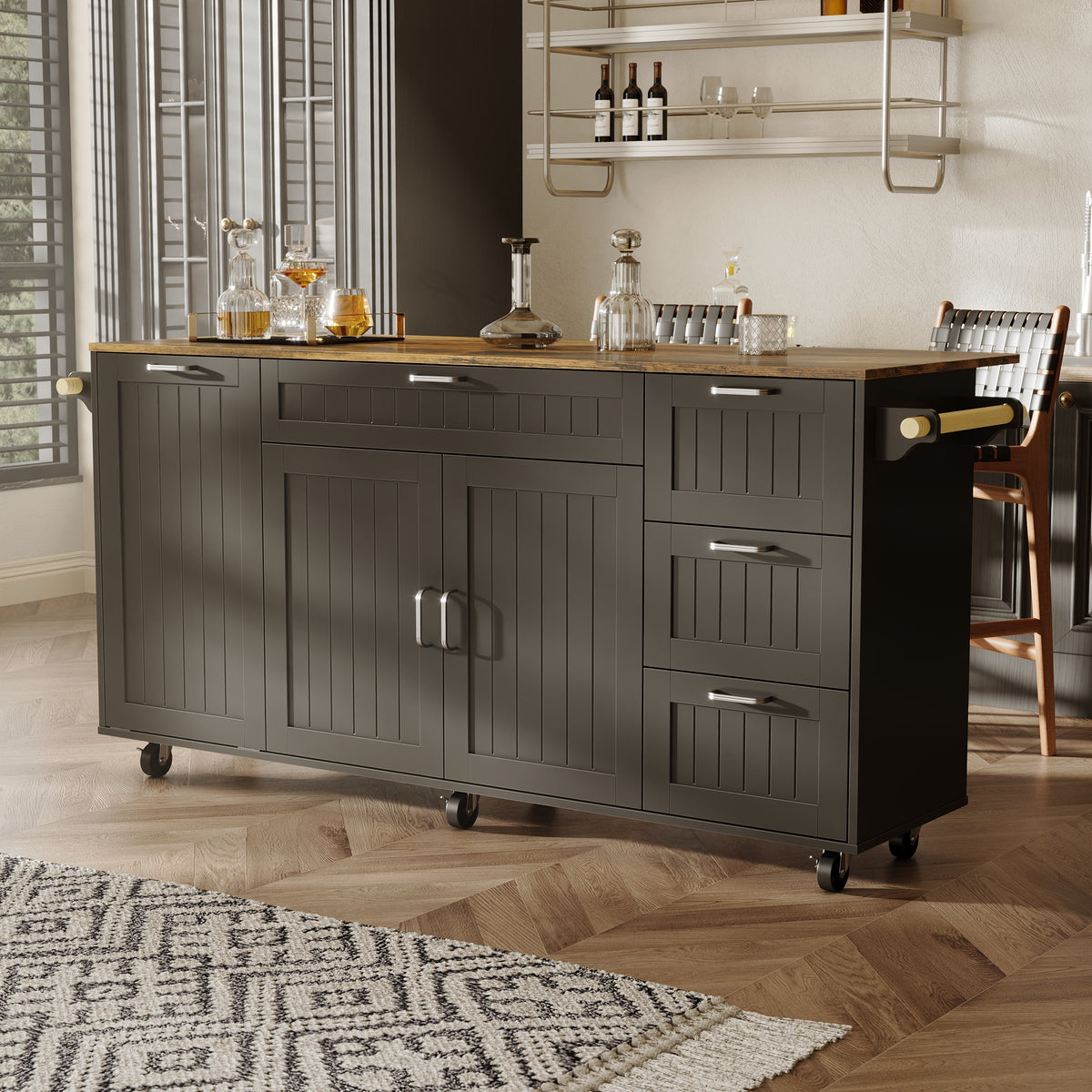63-inch black farmhouse rolling kitchen island cart with wood top, drawers, towel bar and wheels