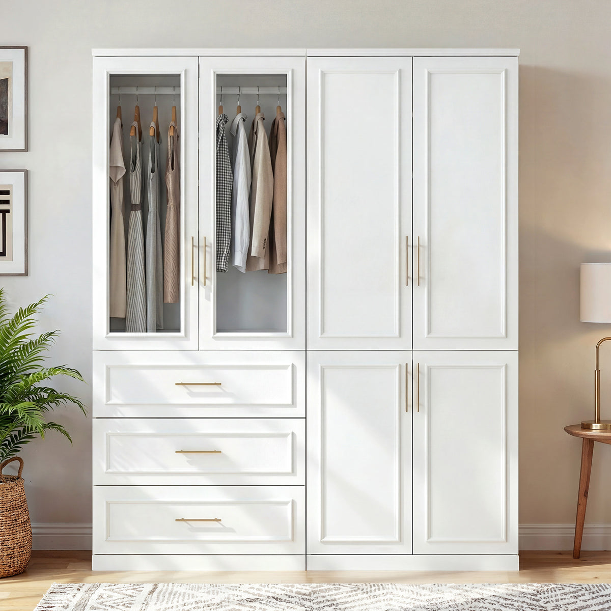 Rena 63.3 inch white armoire with six doors and three drawers, an example of armoire-style mixed storage