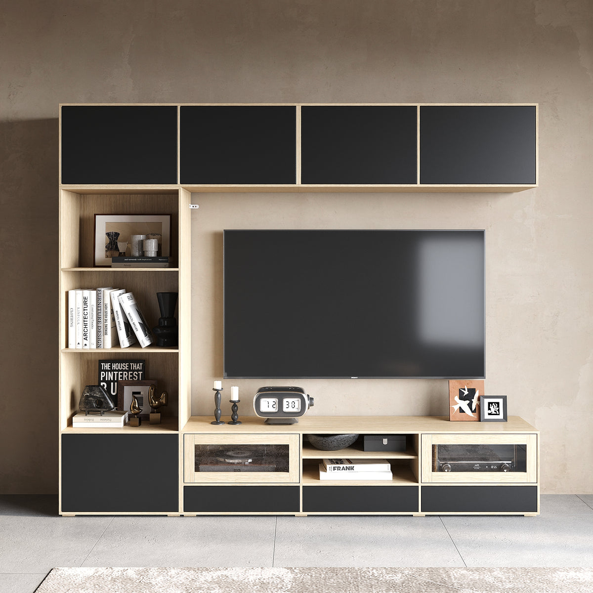 92.7-inch three-piece oak and black entertainment center with overhead cabinets