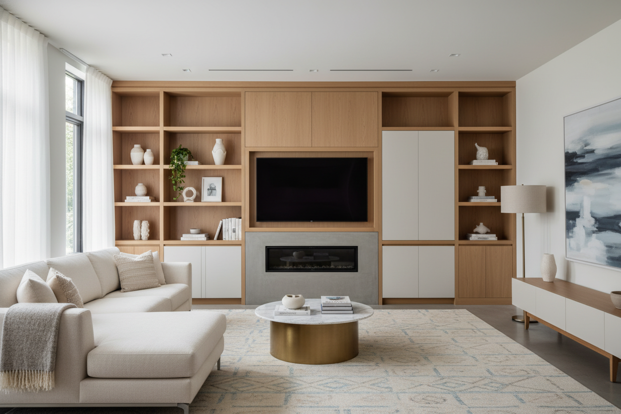 I Cured My 'White Box' Living Room With a Full Wall Entertainment Center