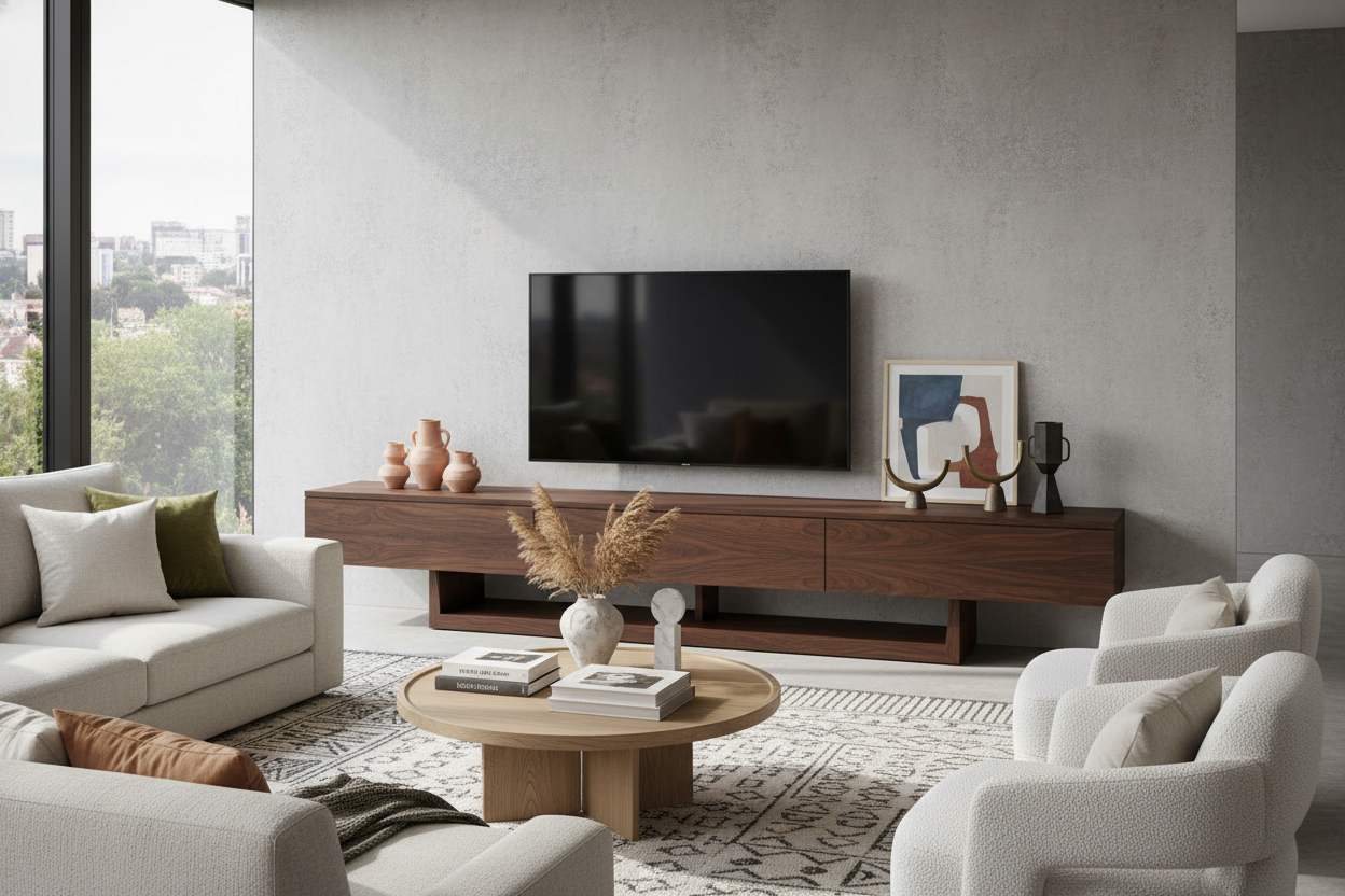 Why a TV Console Walnut Finish Fixes a 'Too Matchy' Room