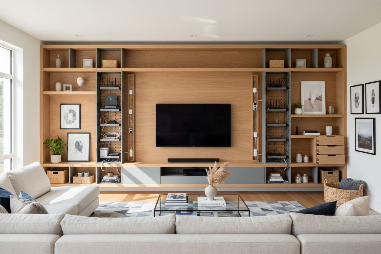 My Living Room Was a Cord Nightmare Until I Built a TV Stand Wall