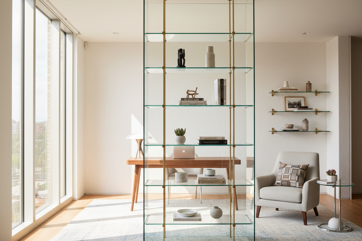 My Secret to a Bright Home Office is a Glass Shelf for Display