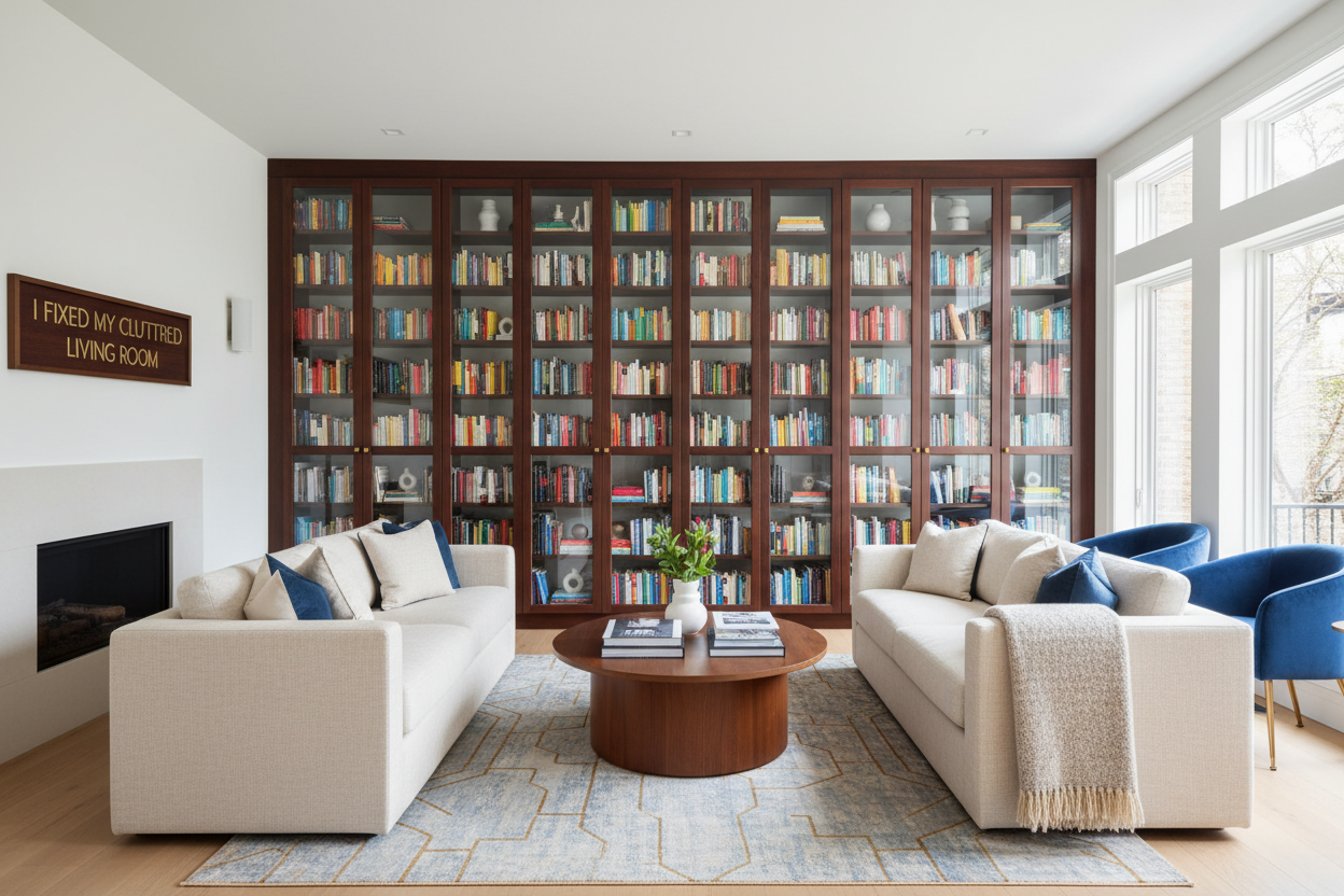 I Fixed My Cluttered Living Room With Bookcase Doors Glass