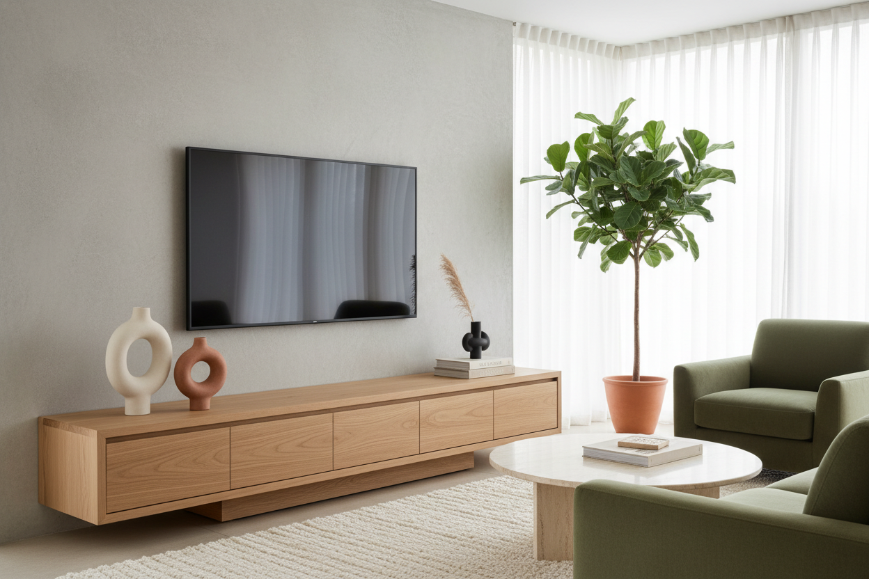 How to Style a Natural Wood TV Console Without the Farmhouse Vibe
