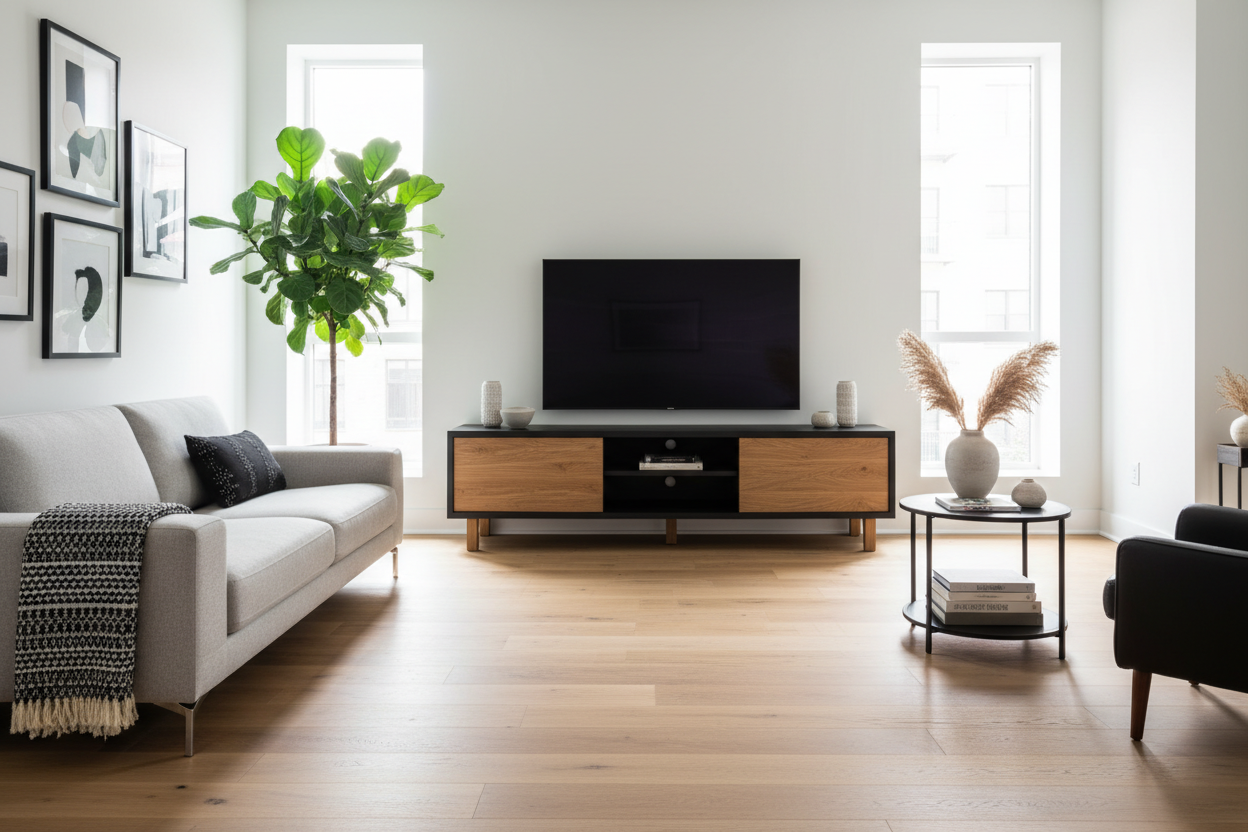 How an Oak and Black TV Stand Fixes the Wood Mixing Problem
