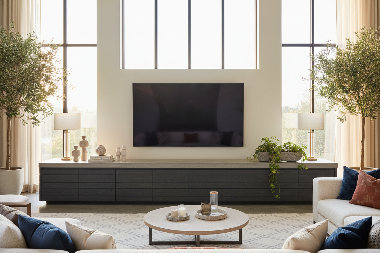Why a Huge TV Stand Actually Makes Your Screen Less Obvious