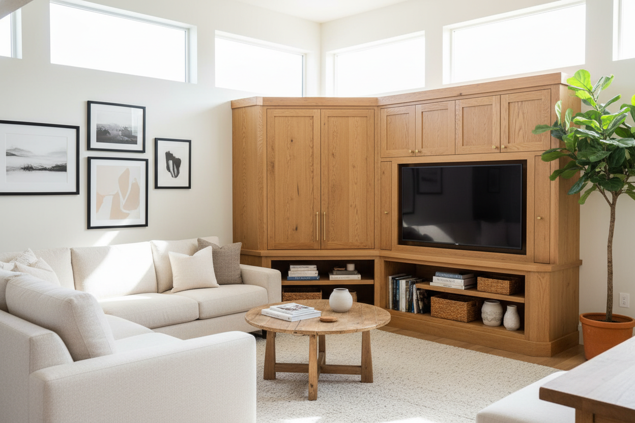 I Fixed My Awkward Layout With a Wood Corner Entertainment Center