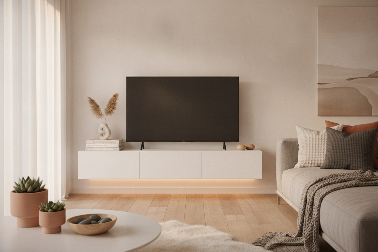 How I Made My Floating TV Stand White Look Cozy, Not Clinical