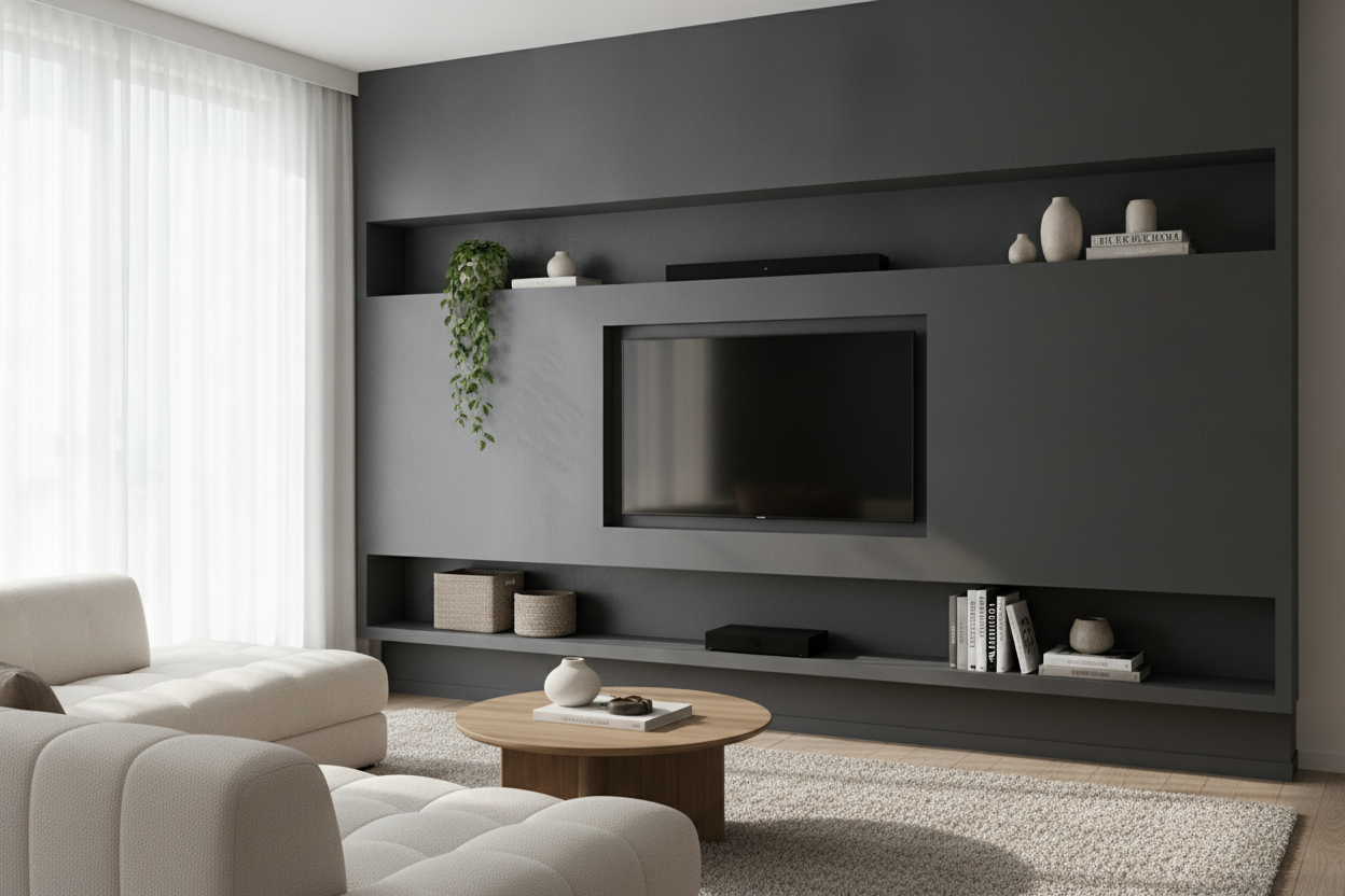 Why a Color-Drenched Media Shelf Wall Is the Best Way to Hide a TV