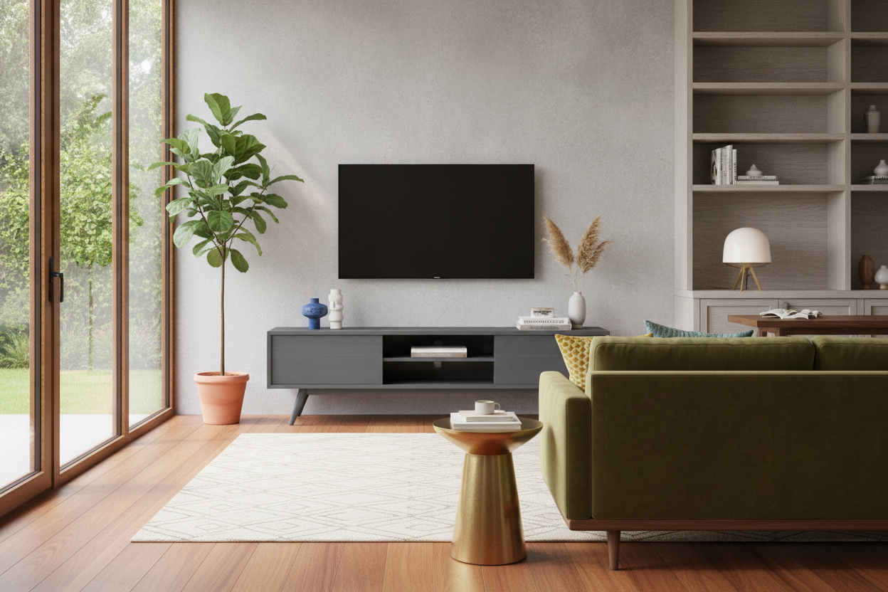 How a Gray Mid Century Modern TV Stand Fixed My Clashing Woods
