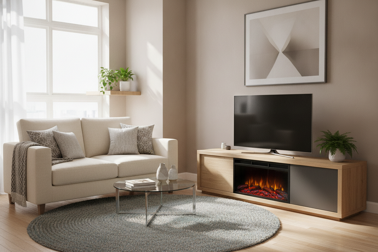 A Small Fireplace TV Stand Is the Ultimate Tiny Living Room Hack
