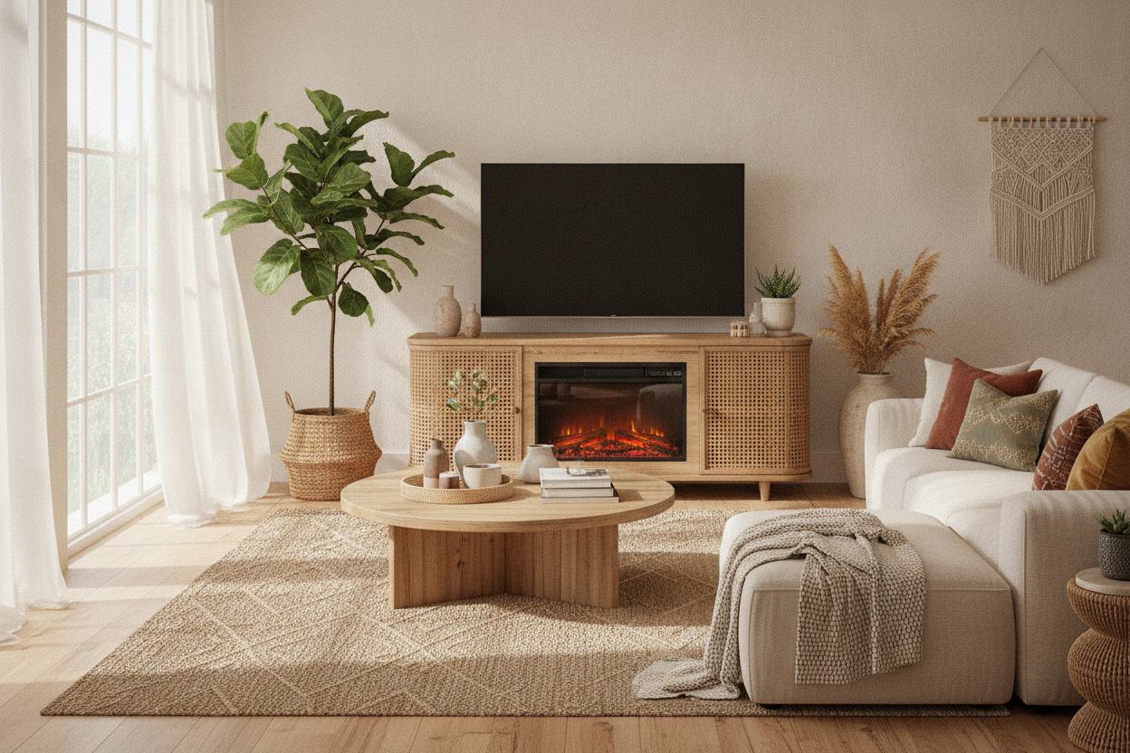 Why a Rattan Fireplace TV Stand Is the Ultimate Organic Modern Hack