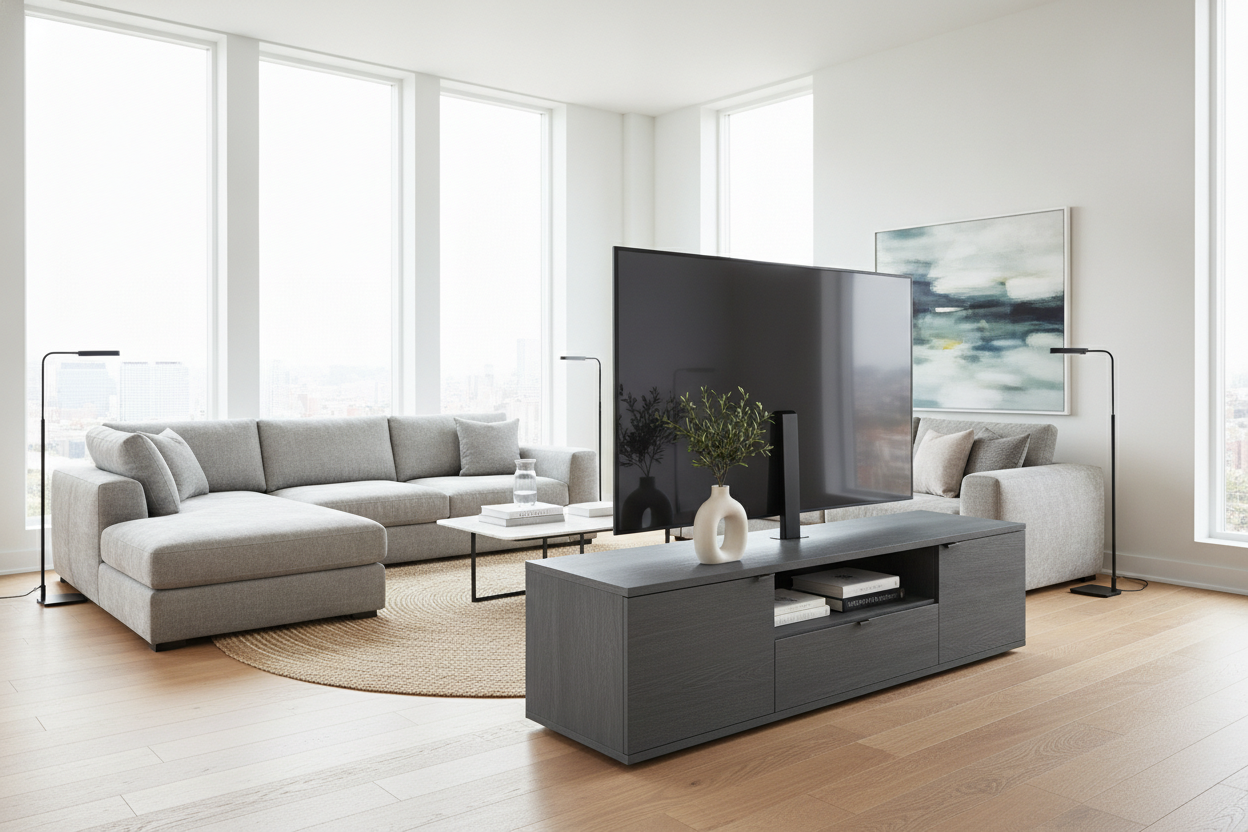 Why an 85 Inch TV Stand Grey Finish Actually Saves Your Living Room