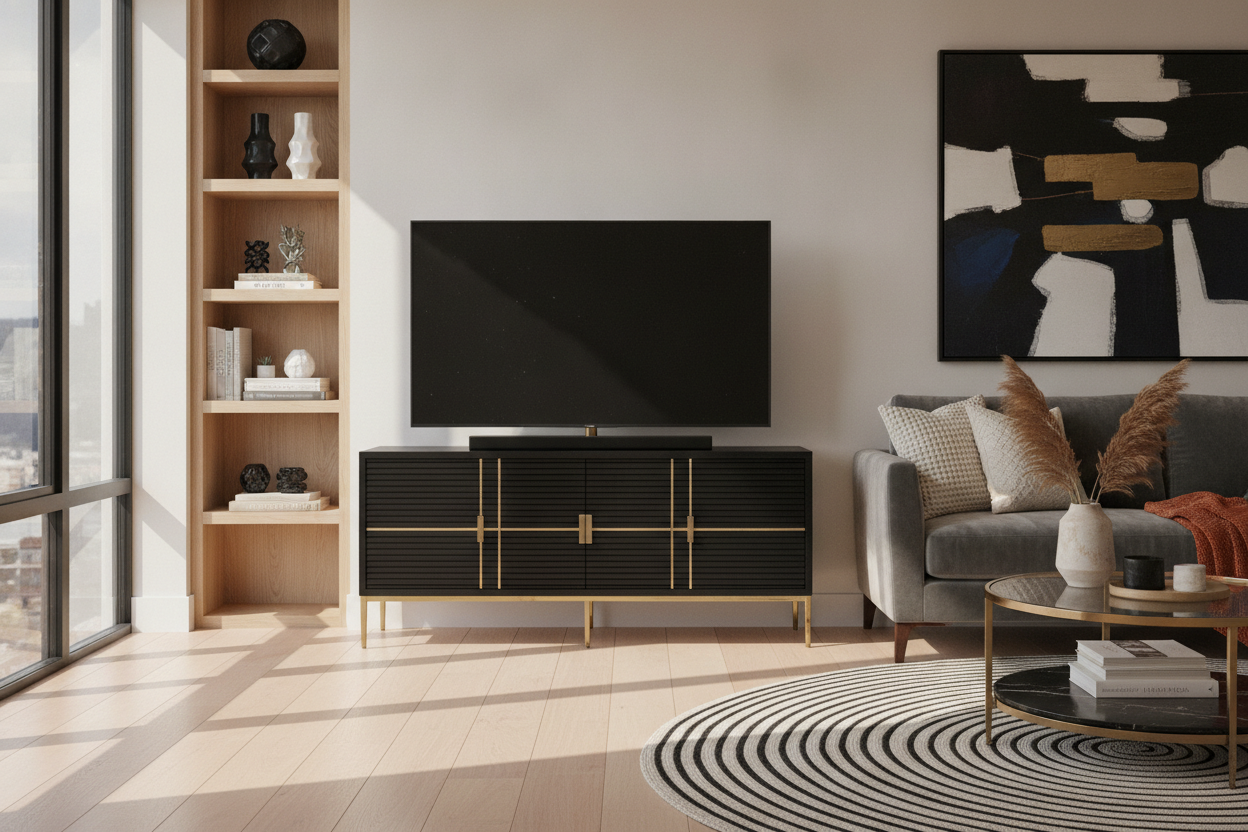 Too Much Wood? Ground the Room With a Black and Brass Media Console