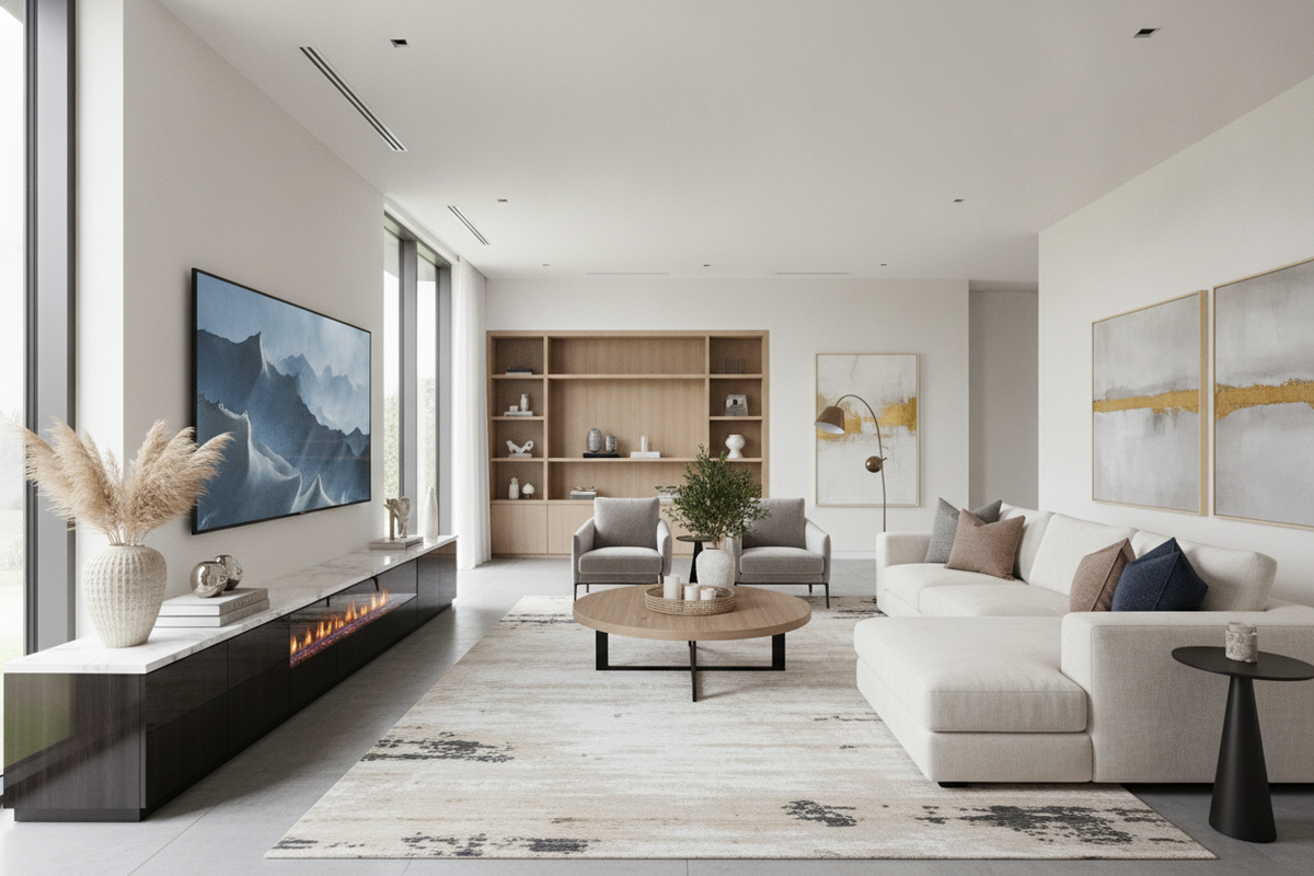 Your Blank Living Room Wall Needs a 100 Inch TV Stand With Fireplace