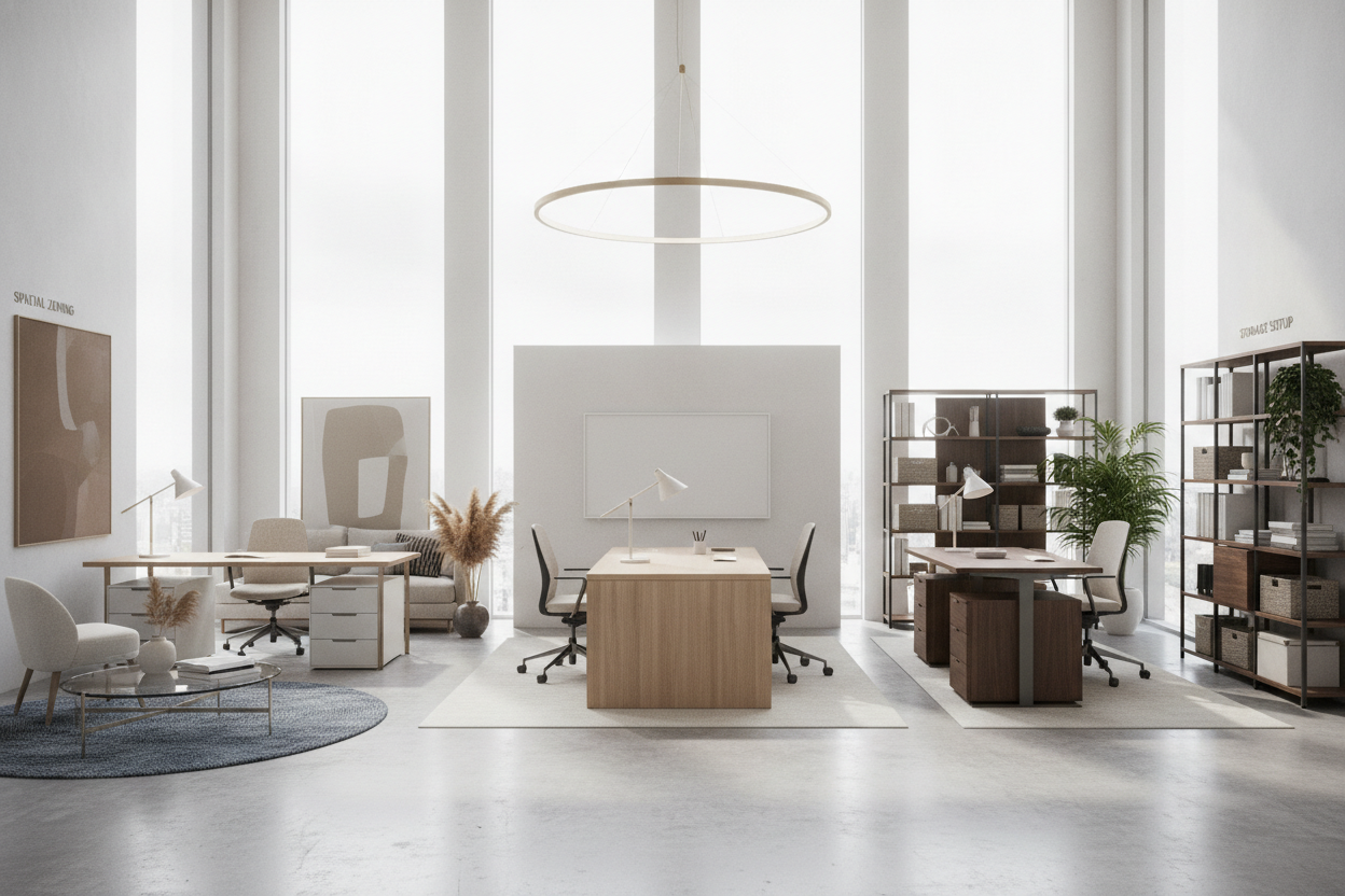 3 Desk Office Layout Guide: Floor Plans, Spatial Zoning, and Storage Setups
