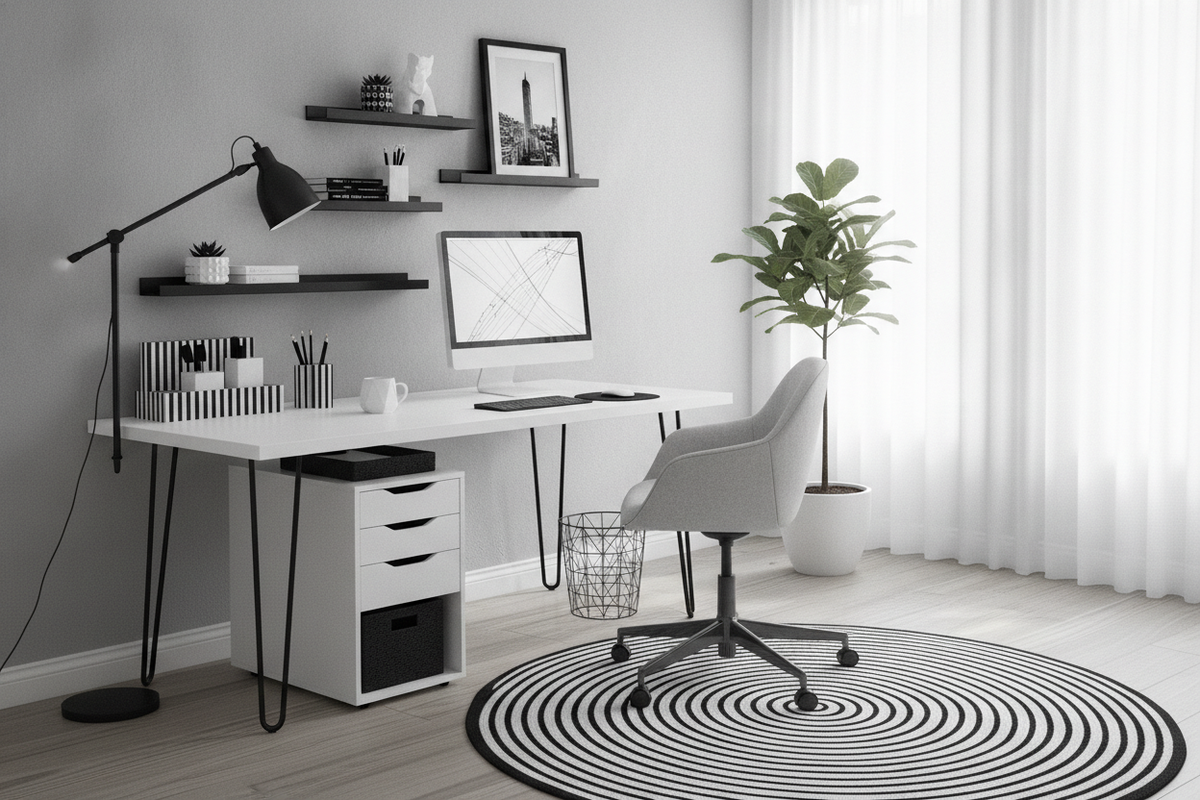 The Black and White IKEA Desk Styling Blueprint: Monochrome Pairings, Spatial Geometry, and Storage Harmony