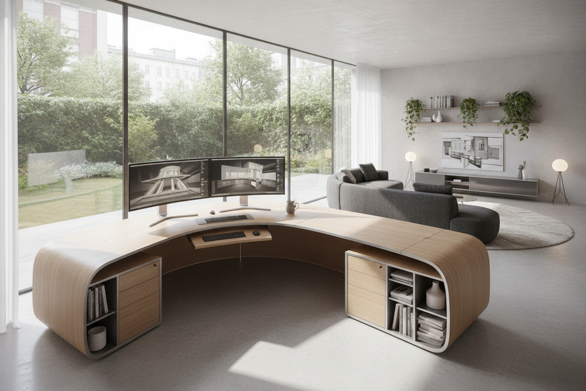 The Strategic Curved Corner Computer Desk Blueprint: Contour Geometry, Footprint Tiers, Storage Architecture, and Room Synergy