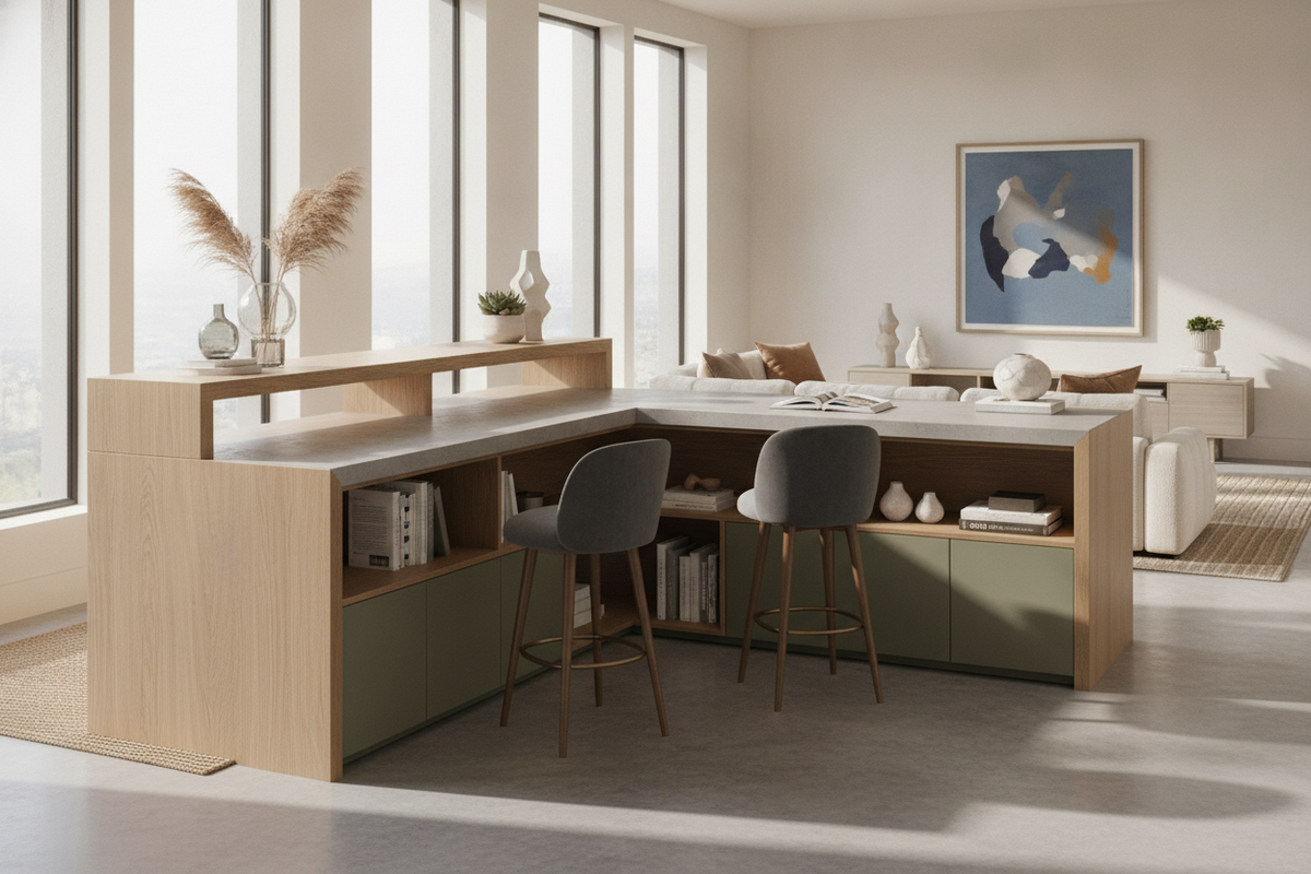 Counter Height L-Shaped Desk Guide: Elevated Geometry, Perch Seating, Storage Zoning, and Room Flow
