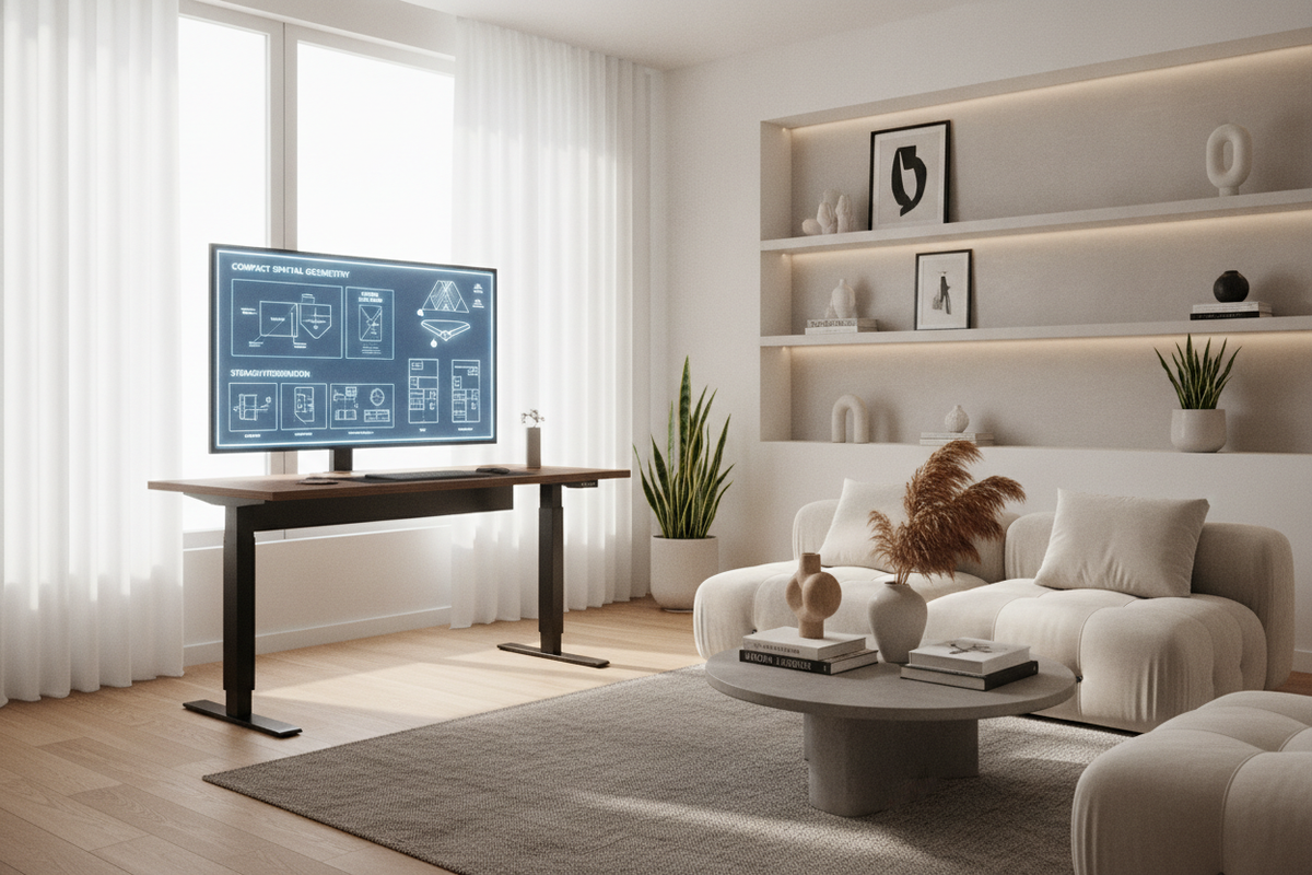 43 Inch Standing Desk Blueprint: Compact Spatial Geometry, Surface Zoning, Storage Integration, and Room Layouts