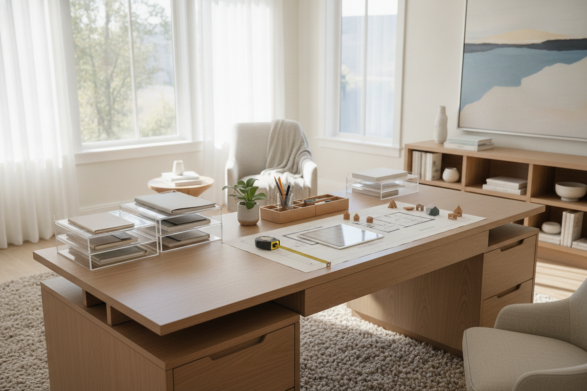 Desk with Organization Guide: Storage Architectures, Surface Zoning, Dimensions, and Room Layouts