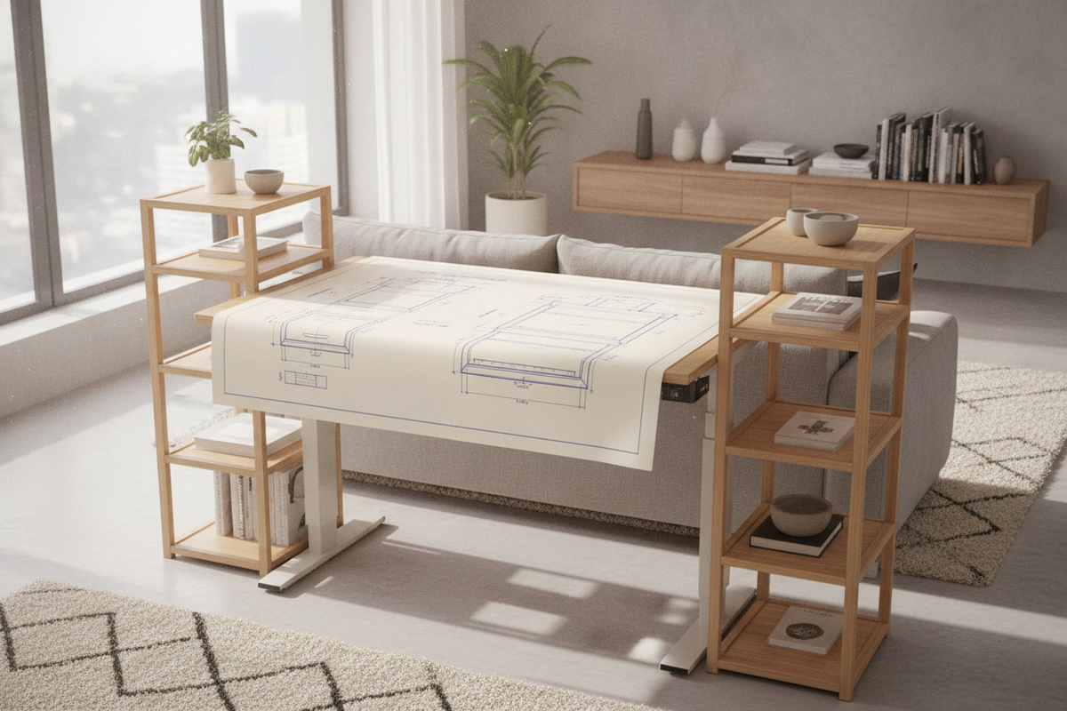 Shelf Standing Desk Blueprint: Architectural Elevations, Adjustable Desk Shelves, and Sit-Stand Surface Planning