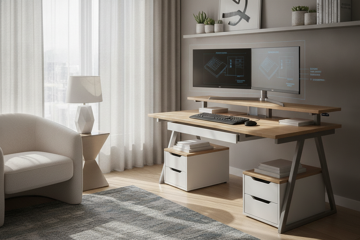 Small Desk Dual Monitor Blueprint: Footprint Tiers, Screen Geometry, Riser Systems, and Compact Storage