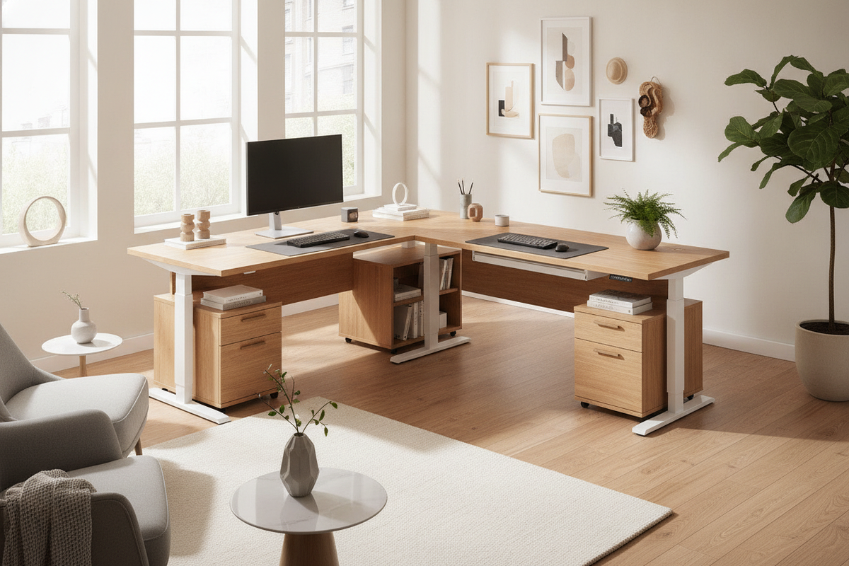 FlexiSpot L-Shaped Standing Desk Blueprint: Triple-Leg Architecture, Corner Geometry, Dynamic Clearances, and Storage Synergy