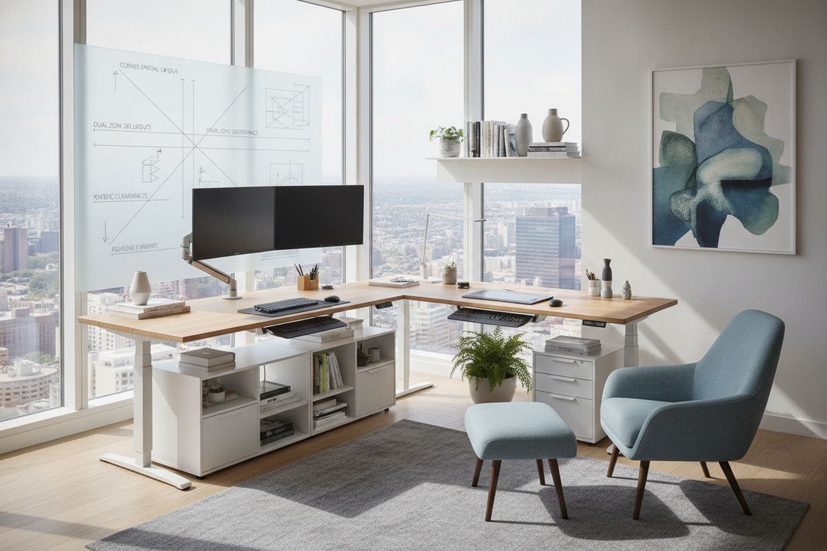 FlexiSpot L-Shaped Electric Height Adjustable Desk Blueprint: Corner Spatial Layouts, Dual-Zone Ergonomics, Kinetic Clearances, and Modular Storage Synergy