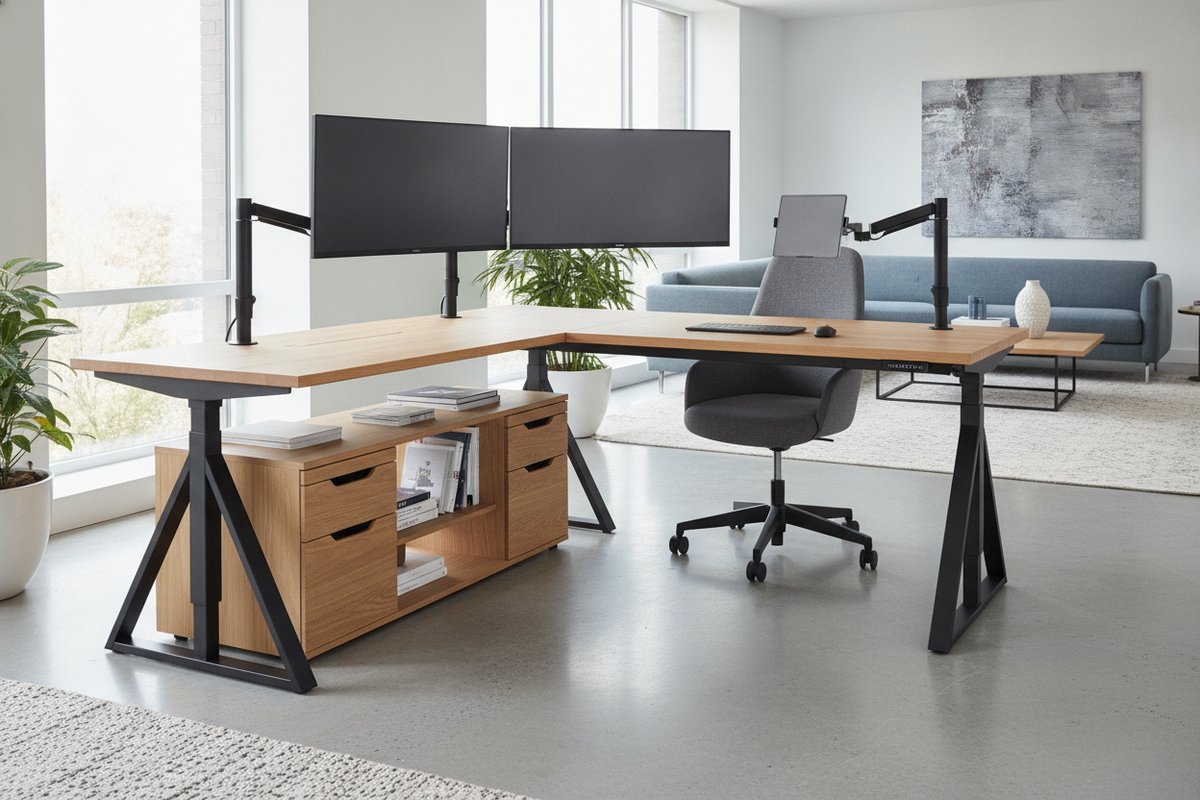 Fully Jarvis L-Shaped Desk Blueprint: 3-Leg Kinetic Geometry, Dual-Zone Ergonomics, Monitor Arm Integration, and Storage Synergy