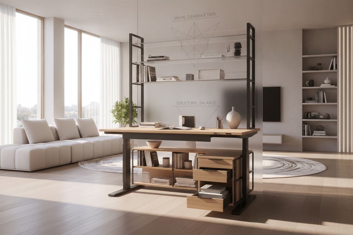 Adjustable Desk with Shelf Blueprint: Spatial Clearance Tiers, Vertical Storage Architecture, Structural Balance, and Room Layouts