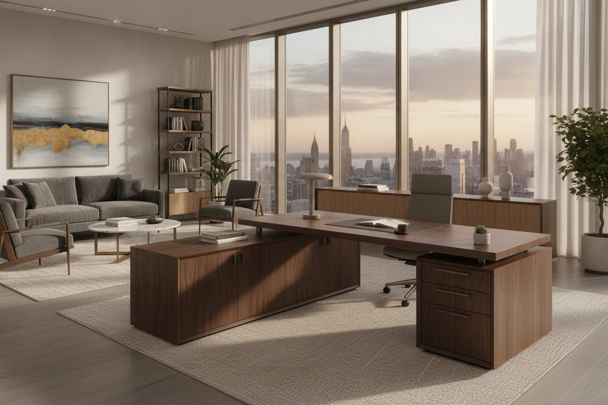 L-Shaped Executive Desk with Drawer Guide: Pedestal Configurations, Storage Architecture, and Office Layouts