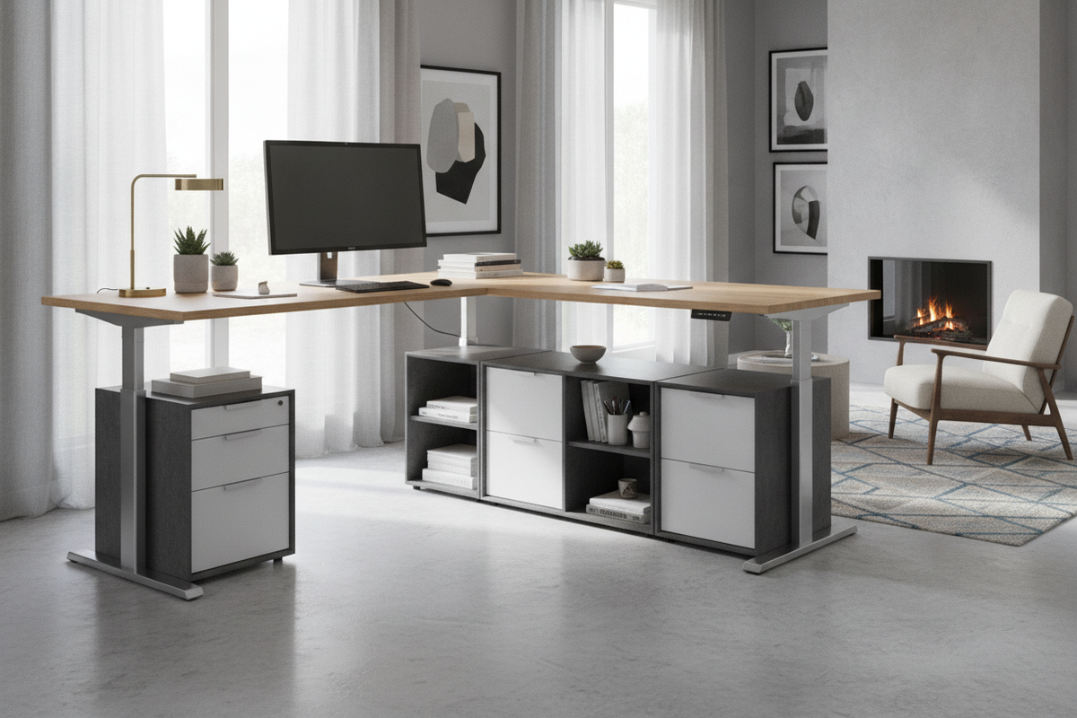 L-Shaped Electric Height Adjustable Standing Desks: Layout Planning, Frame Mechanics, and Storage Architecture