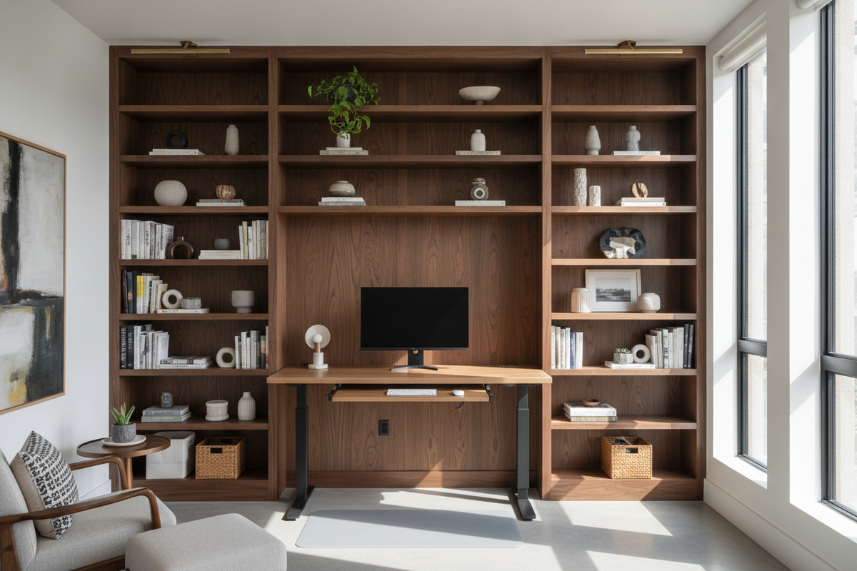 Bookcase Standing Desk Guide: Vertical Storage, Layout Clearances, and Ergonomic Flow