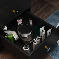 90 cm Modern White/Black Vanity Set with Sliding Mirror, 4 Drawers, Shelves and Cushioned Stool