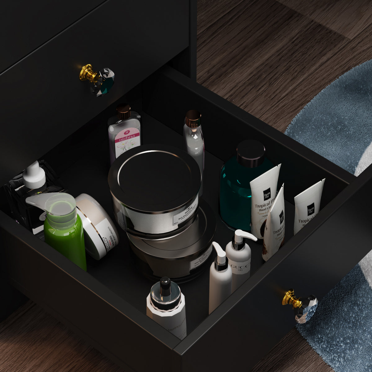 90 cm Modern White/Black Vanity Set with Sliding Mirror, 4 Drawers, Shelves and Cushioned Stool