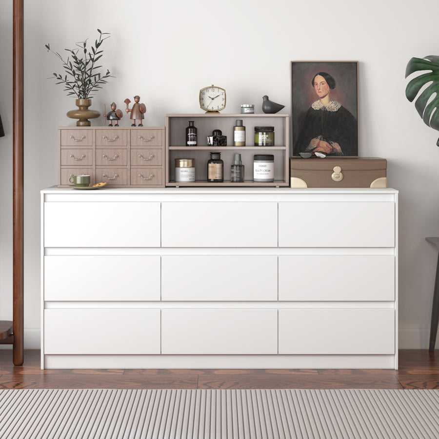 Bahut large moderne minimaliste blanc/noir de 160 cm avec 9 tiroirs