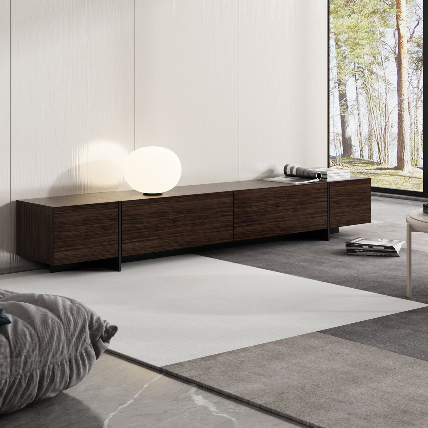 243 cm Modern Rustic Dark Brown Entertainment Center with 4 Pull-Down Doors
