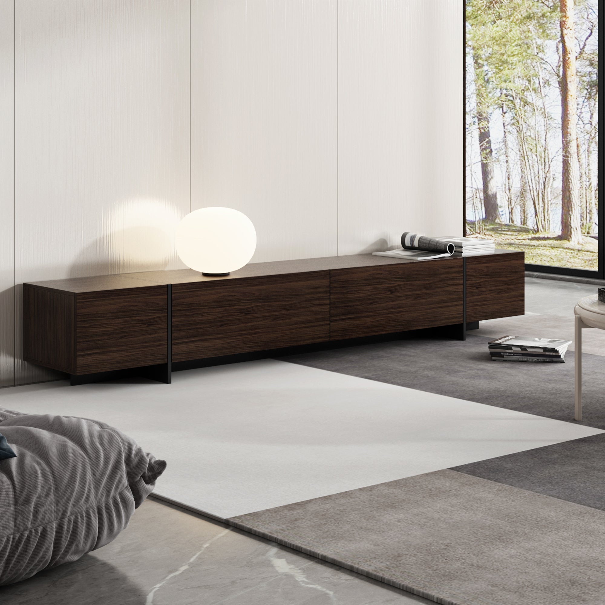 243 cm Modern Rustic Dark Brown Entertainment Center with 4 Pull-Down Doors