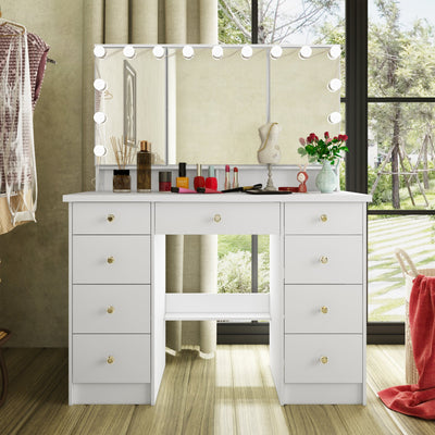 Table de toilette moderne et minimaliste de 43,3 pouces, blanche/noire, avec miroir et lampe
