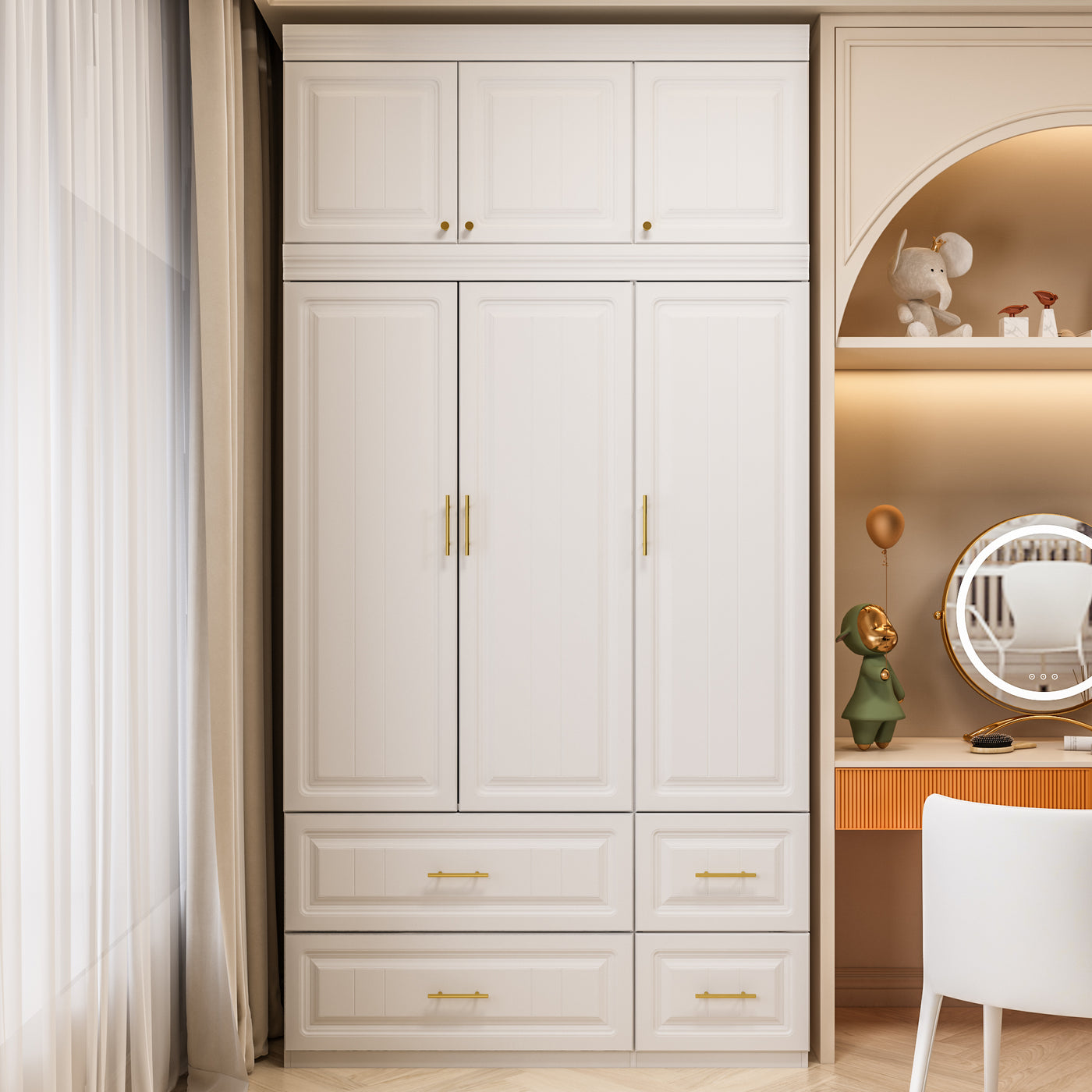 120 cm Modern White MDF Armoire with 3-Door Top Cabinet, Aluminum Hanging Rod, Quiet Glide Drawers and Anti-Tip Hardware
