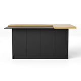 Îlot de cuisine moderne noir de 196 cm avec étagères réglables et plan de travail en bloc de boucher