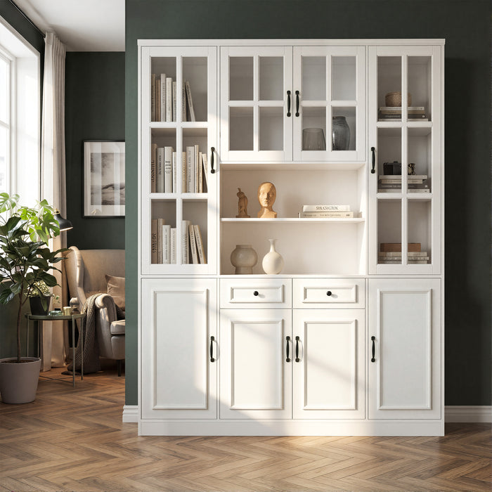 160 cm Modern White 2-Drawer Bookcase with Glass Doors