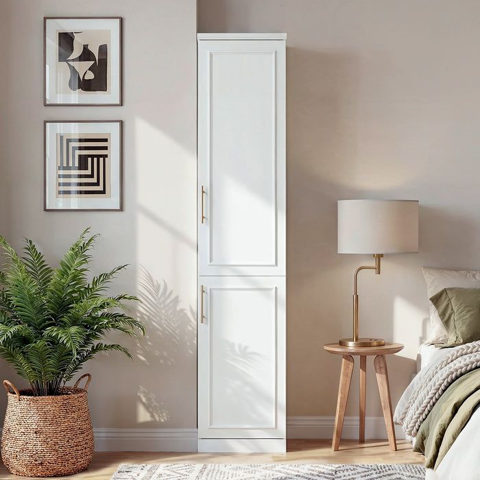 40 cm Modern White Compact Wardrobe with Dual Doors, Golden Handles and Multiple Storage Sections